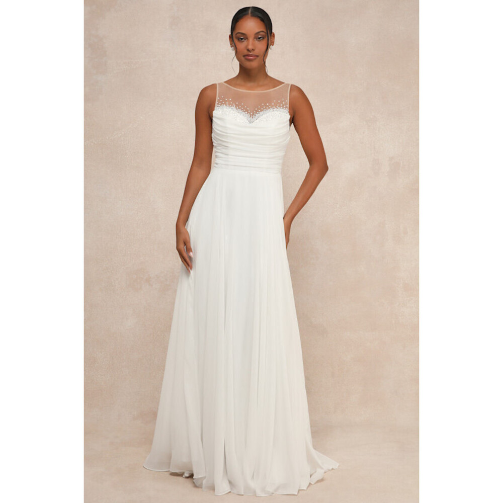 Lulus Legendary Love White Beaded Illusion Maxi Dress - Size L